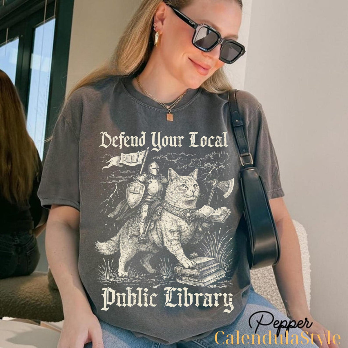 Defend Your Local Public Library Shirt, Support Your Local Library Shirt, Book Lover Gift, Knight And Black Cat, Reading Librarian Gift