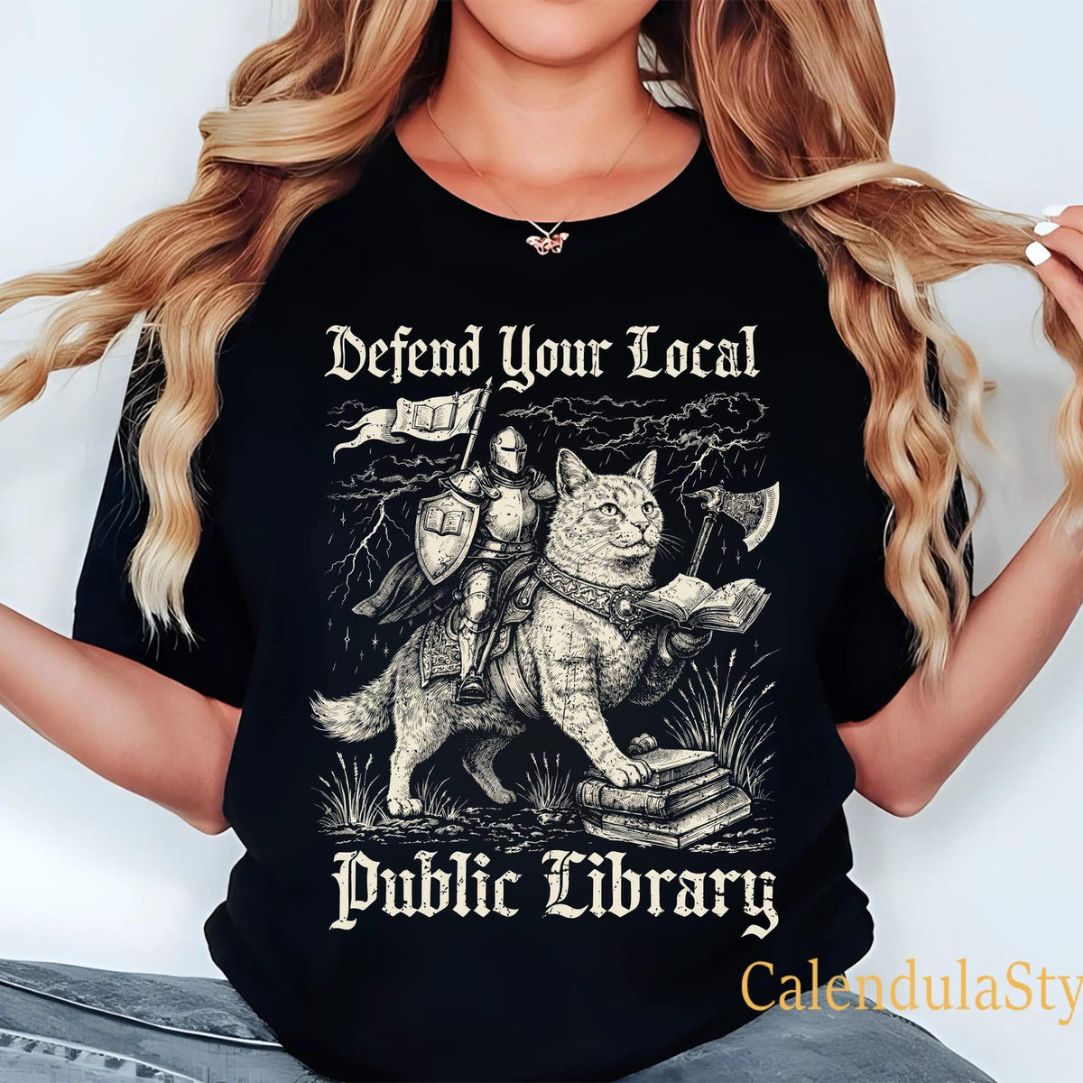 Defend Your Local Public Library Shirt, Support Your Local Library Shirt, Book Lover Gift, Knight And Black Cat, Reading Librarian Gift