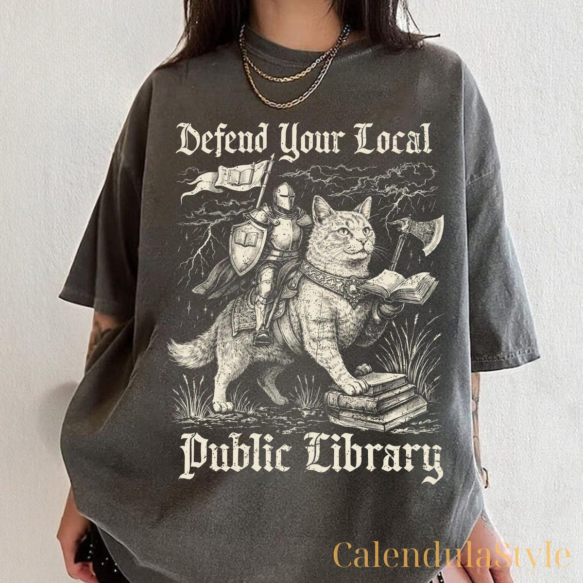 Defend Your Local Public Library Shirt, Support Your Local Library Shirt, Book Lover Gift, Knight And Black Cat, Reading Librarian Gift