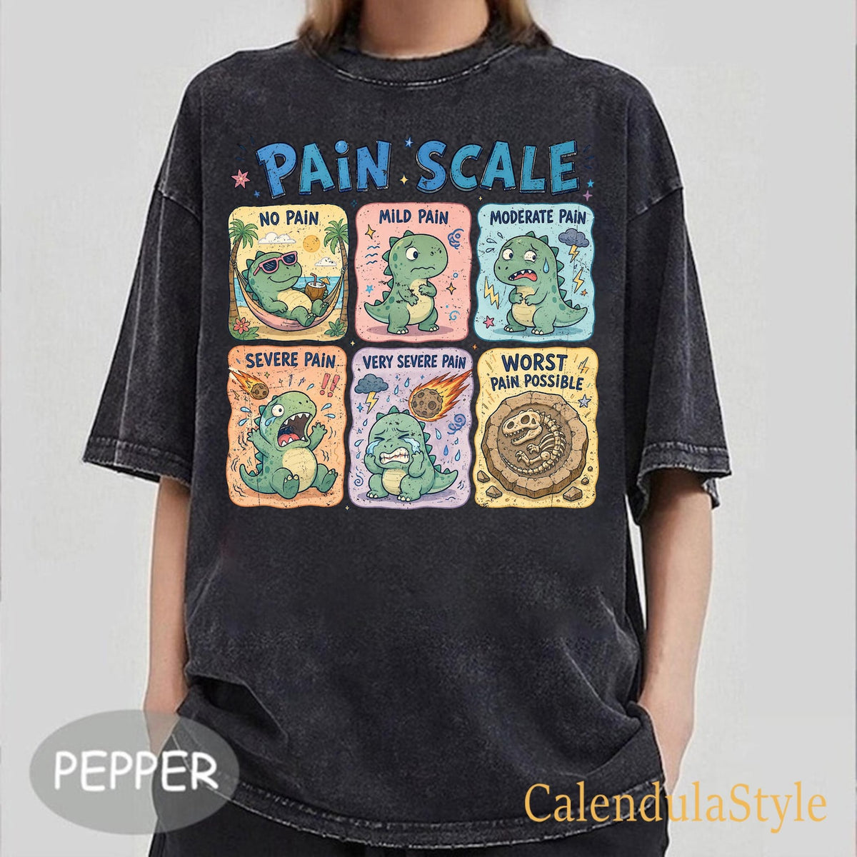 Dinosaur Pain Scale Chart T-shirt, Funny Nurse Life Graphic Tee, Emergency Nurse Gift, Gift For Nursing School Grad, Humorous Pain Scale Tee