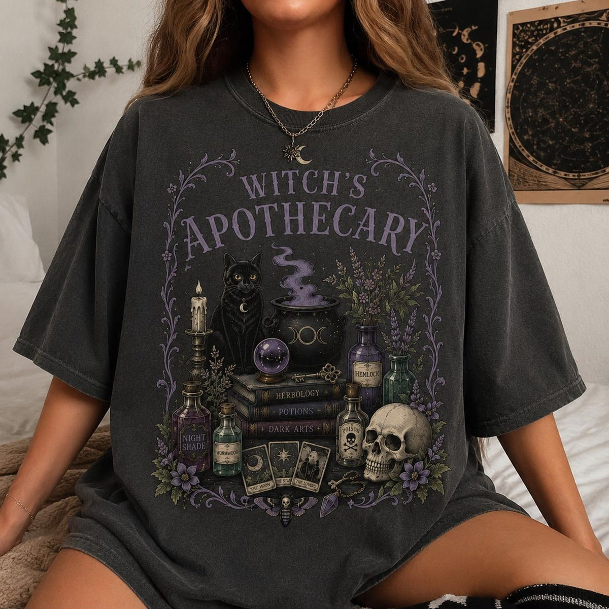 Witch's Apothecary Cat Shirt, Spooky Tarot Potion, Gothic Botanical Tee, Cottagecore Witch, Dark Academia Herbalist Gift, Black Cat Witchy