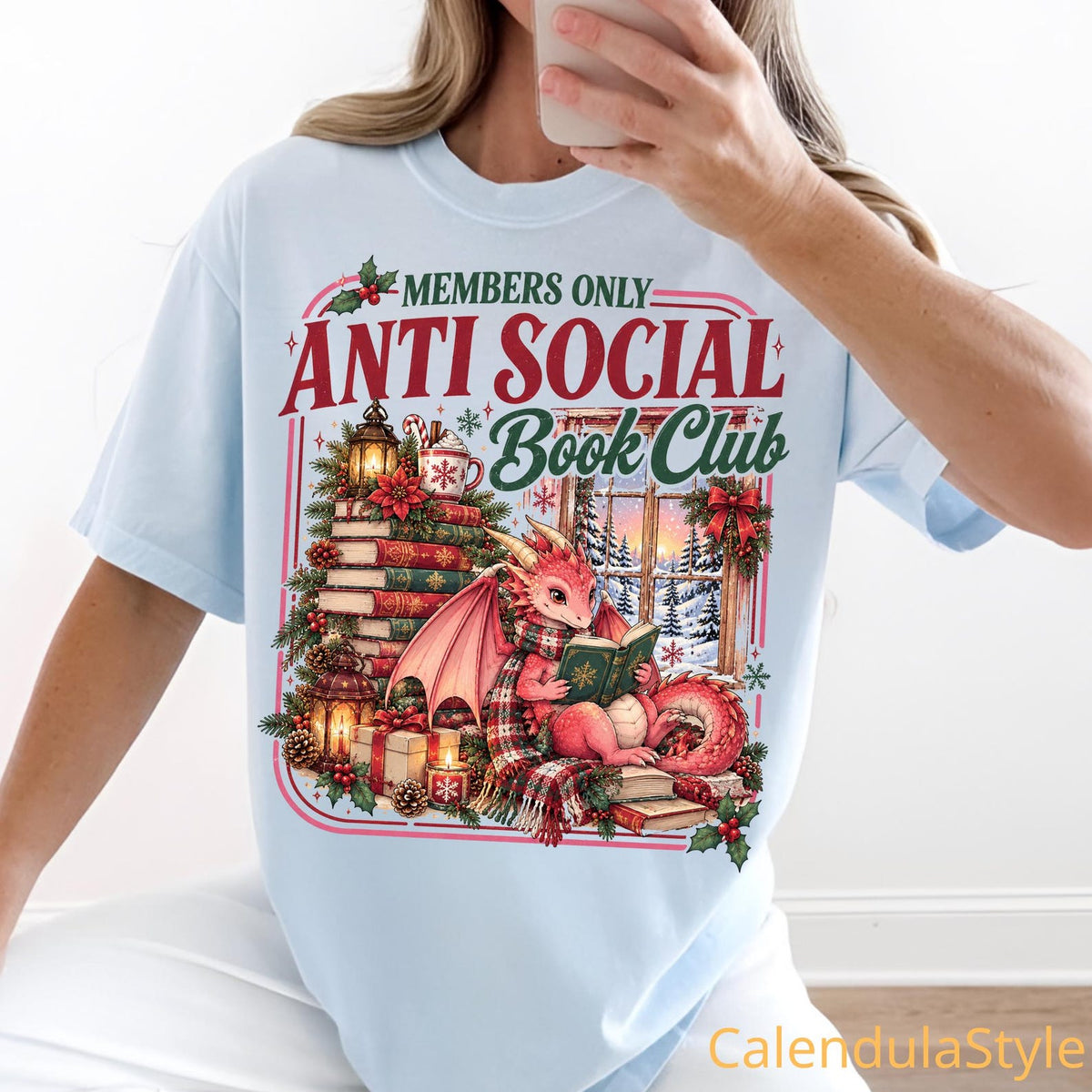 Anti Social Book Club Shirt, Christmas Dragon Bookish Tee, Cozy Reader Christmas Shirt, All Booked For Christmas, Seasons Reading Xmas Shirt