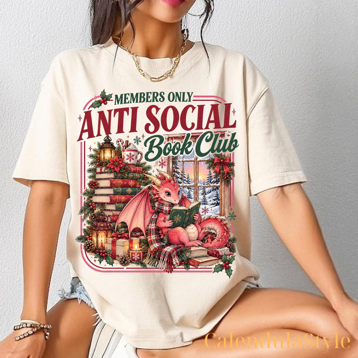 Anti Social Book Club Shirt, Christmas Dragon Bookish Tee, Cozy Reader Christmas Shirt, All Booked For Christmas, Seasons Reading Xmas Shirt
